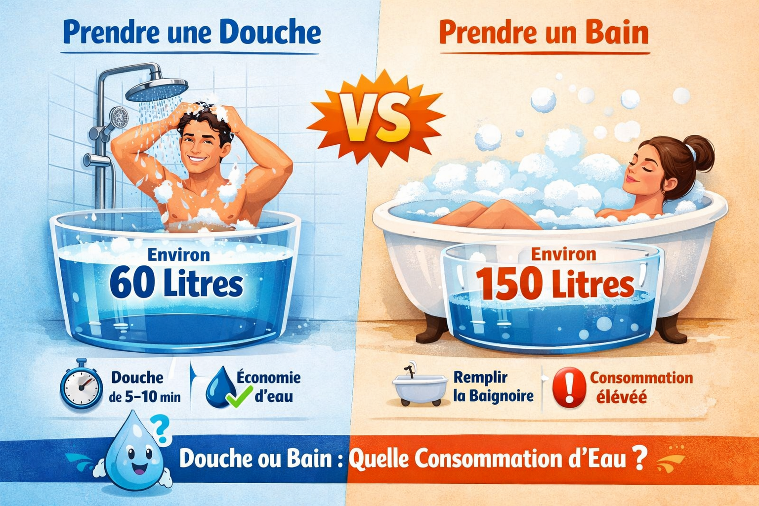 Douche ou bain _ consommation d'eau comparée